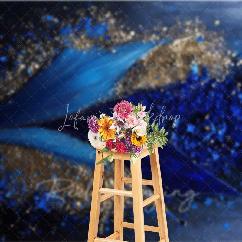 Lofaris Deep Blue Fluid Art and Gold Glitter Backdrop Geometric Petals Photography Background Elegant Modern Party Decor