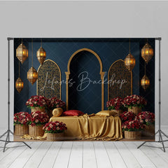 Lofaris Deep Blue Golden Moroccan Arches Photography Backdrop Arabian Lanterns and Red Roses Floral Decor for Romantic Events