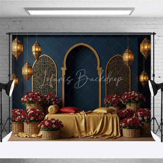 Lofaris Deep Blue Golden Moroccan Arches Photography Backdrop Arabian Lanterns and Red Roses Floral Decor for Romantic Events