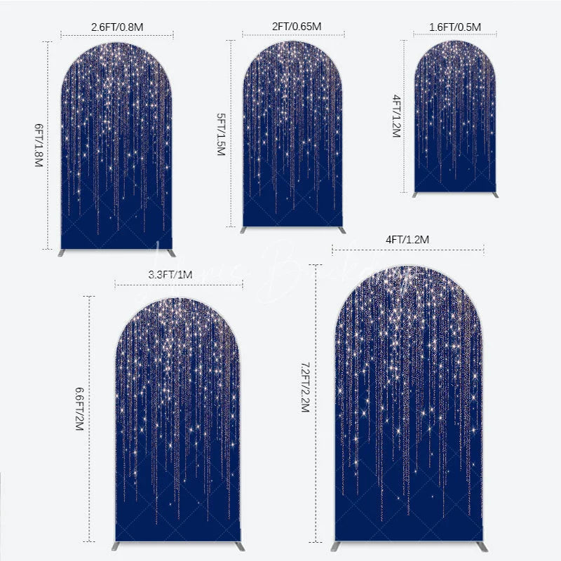 Lofaris Deep Blue Rose Gold Glitter Cascading Stars Round Top Arch Backdrop Elegant Celebration Party Decor