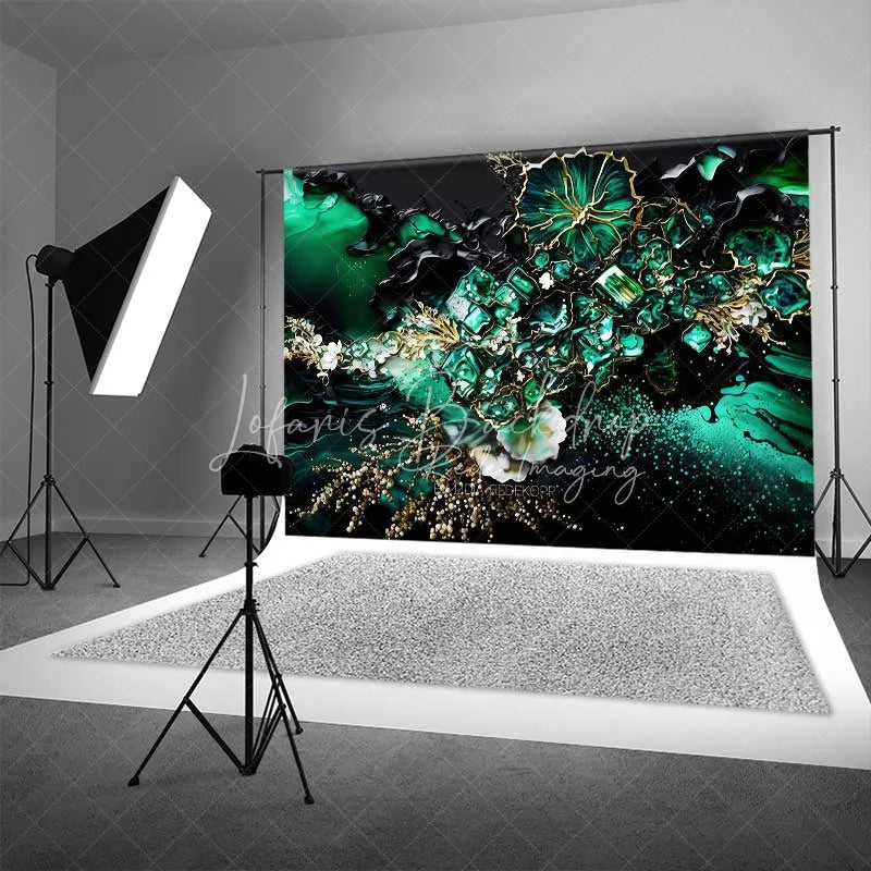 Lofaris Deep Green Floral Crystal Abstract Backdrop Gold Veins and Blossoms Photography Background Elegant Event Decor