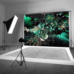 Lofaris Deep Green Floral Crystal Abstract Backdrop Gold Veins and Blossoms Photography Background Elegant Event Decor