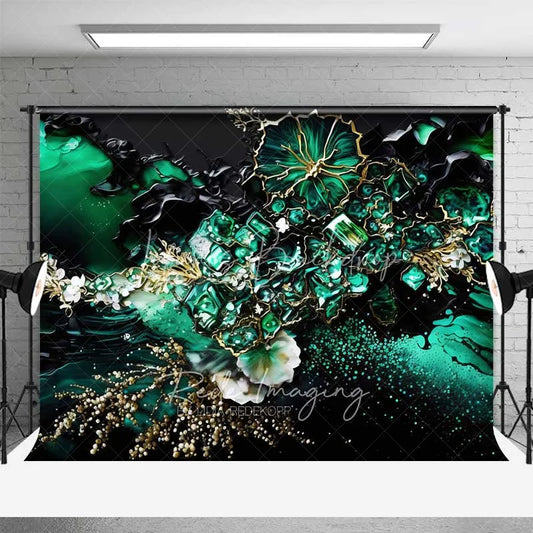 Lofaris Deep Green Floral Crystal Abstract Backdrop Gold Veins and Blossoms Photography Background Elegant Event Decor
