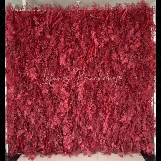 Lofaris Deep Red Artificial Flower Wall with Lush Foliage and Berry Clusters Elegant Wedding Party Decor