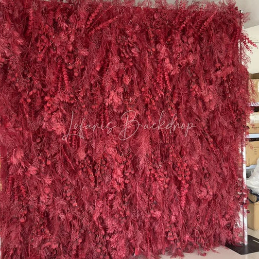Lofaris Deep Red Artificial Flower Wall with Lush Foliage and Berry Clusters Elegant Wedding Party Decor