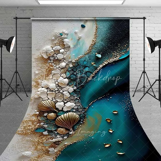 Lofaris Deep Teal Water and Gold Shells Backdrop White Cracked Texture Abstract Beach Photography Background