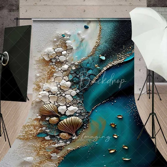 Lofaris Deep Teal Water and Gold Shells Backdrop White Cracked Texture Abstract Beach Photography Background
