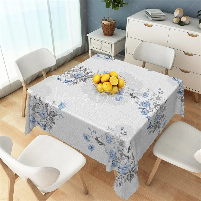 Lofaris Delicate Light Blue Floral Rectangle Tablecloth Shabby Chic Grey Leaf Table Cover for Baby Shower