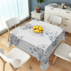 Lofaris Delicate Light Blue Floral Rectangle Tablecloth Shabby Chic Grey Leaf Table Cover for Baby Shower