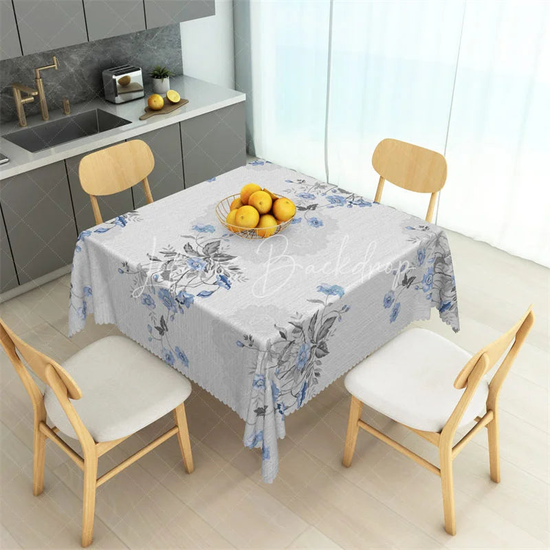 Lofaris Delicate Light Blue Floral Rectangle Tablecloth Shabby Chic Grey Leaf Table Cover for Baby Shower