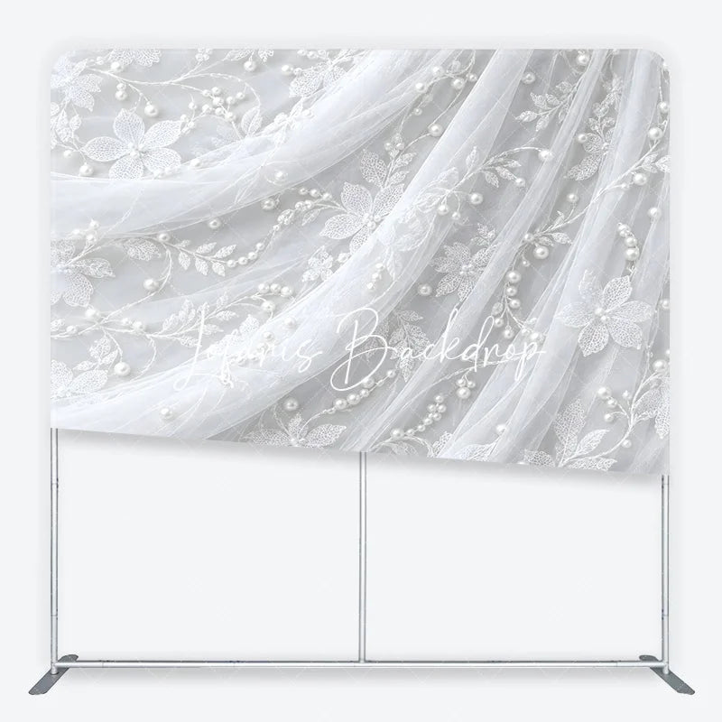 Lofaris Delicate White Lace Floral Pearl Embellished Square Double-Sided Backdrop Elegant Wedding Photography Decor