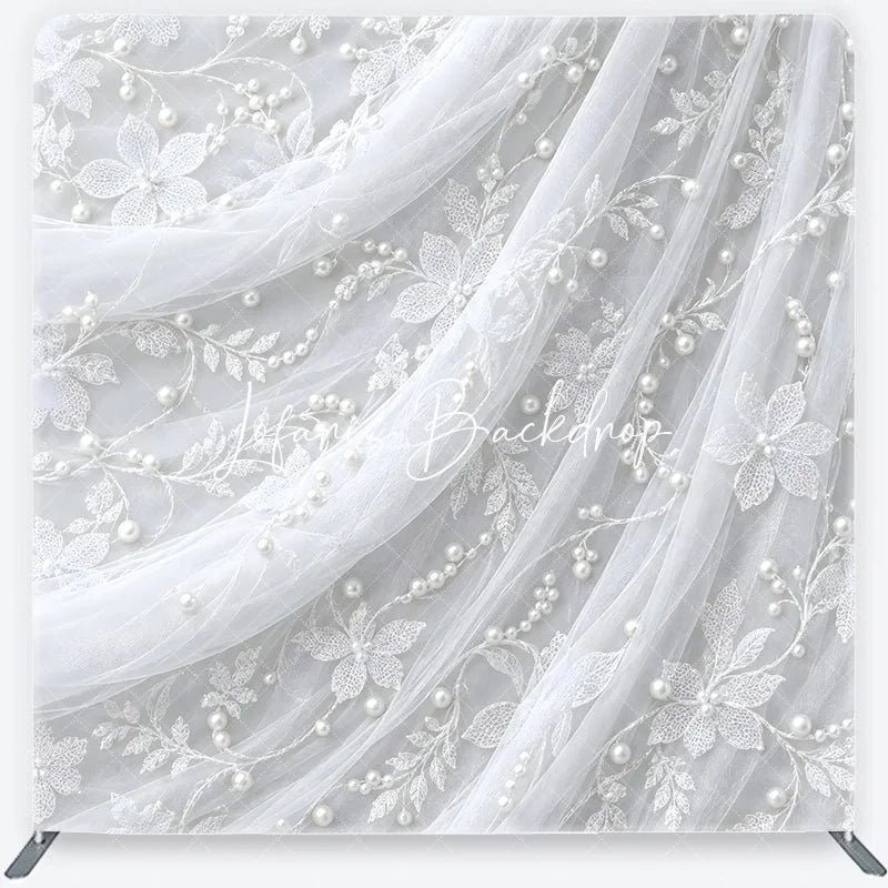 Lofaris Delicate White Lace Floral Pearl Embellished Square Double-Sided Backdrop Elegant Wedding Photography Decor