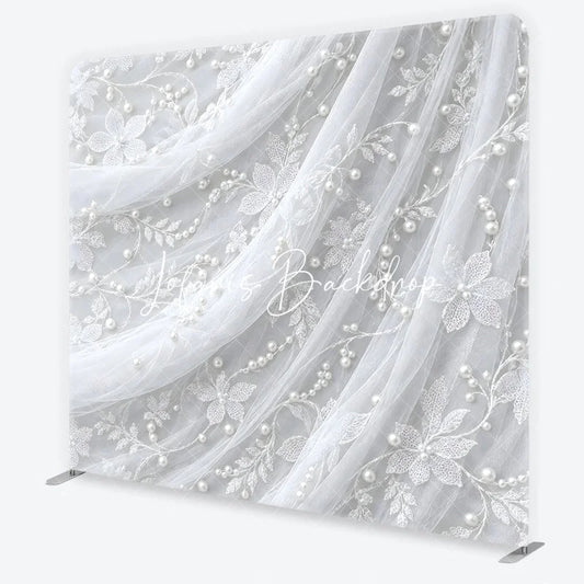 Lofaris Delicate White Lace Floral Pearl Embellished Square Double-Sided Backdrop Elegant Wedding Photography Decor