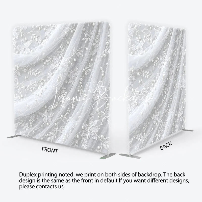 Lofaris Delicate White Lace Floral Pearl Embellished Square Double-Sided Backdrop Elegant Wedding Photography Decor
