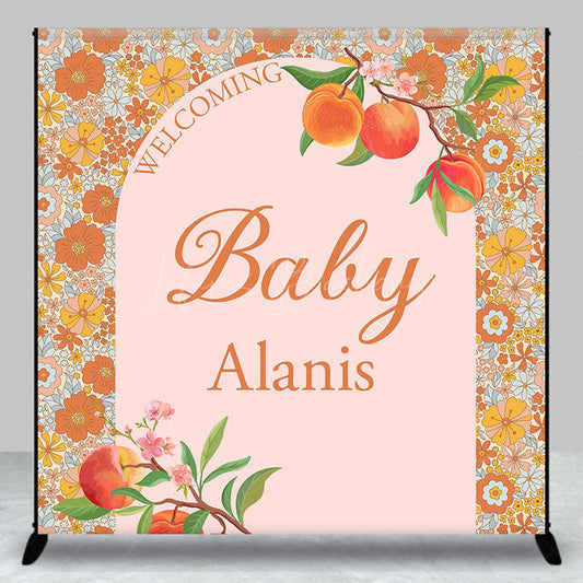 Lofaris Dense Floral Peach Custom Name Welcome Baby Backdrop