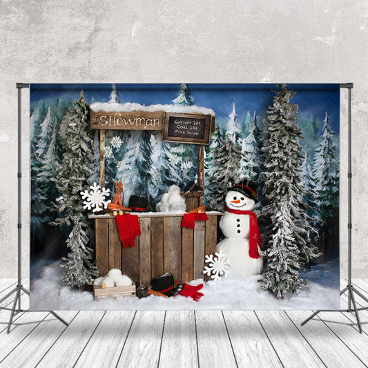 Lofaris Dense Pine Trees Shelves Snowman Christmas Backdrop