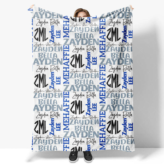 Lofaris Dense Repeated Blue Grey Custom Family Name Blanket