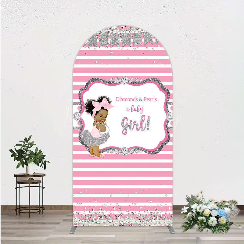 Lofaris Diamonds and Pearls Baby Girl Shower Arch Backdrop Pink Silver Glitter African American Princess Theme Decor
