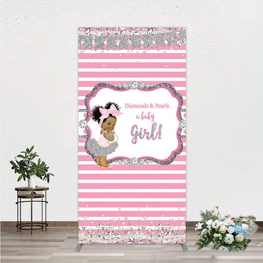 Lofaris Diamonds and Pearls Baby Girl Shower Rectangle Backdrop Pink Silver Glitter African American Princess Theme Decor
