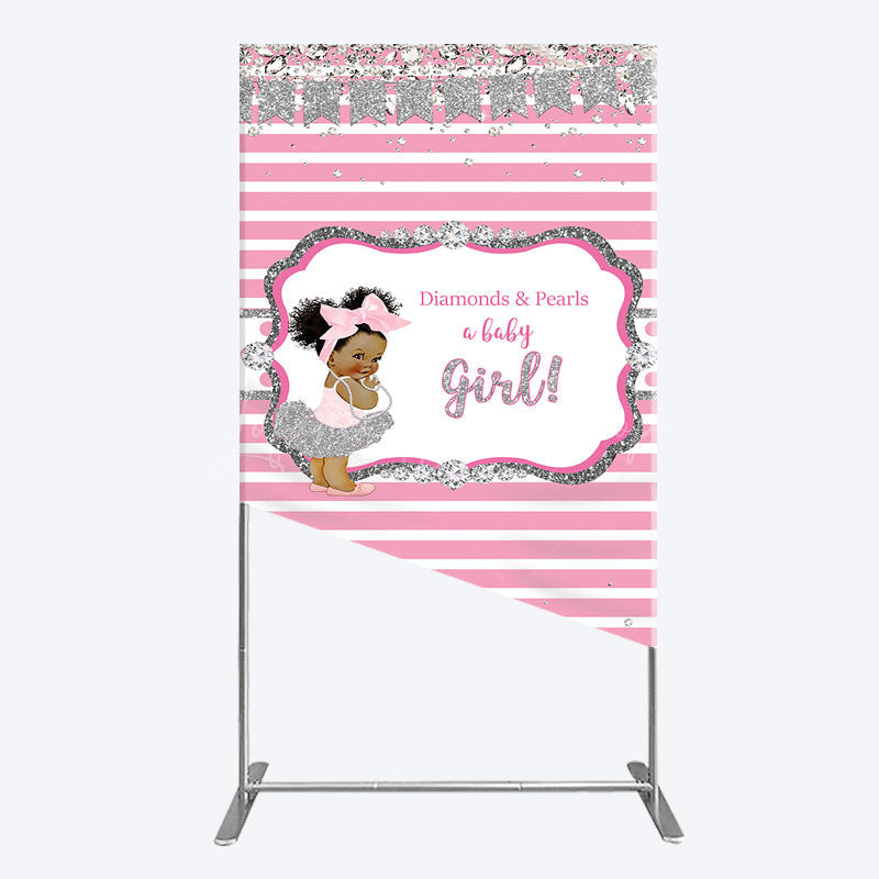 Lofaris Diamonds and Pearls Baby Girl Shower Rectangle Backdrop Pink Silver Glitter African American Princess Theme Decor