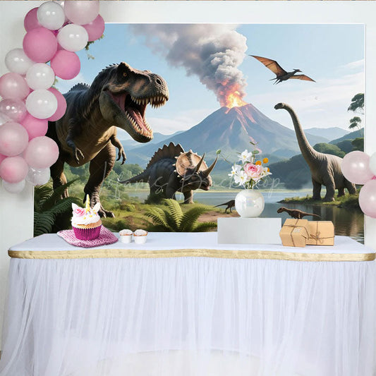 Lofaris Dinosaur Birthday Photography Backdrop Jurassic T-Rex and Volcano Scene Prehistoric Party Photo Background
