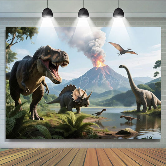 Lofaris Dinosaur Birthday Photography Backdrop Jurassic T-Rex and Volcano Scene Prehistoric Party Photo Background
