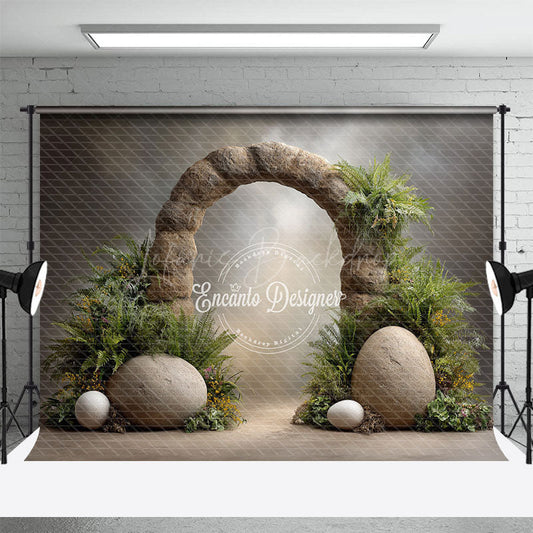 Lofaris Dinosaur Egg and Stone Arch Photography Backdrop Prehistoric Ferns for Birthday Jurassic Cake Smash Background