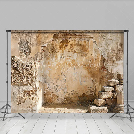 Lofaris Distressed Ancient Wall Photography Backdrop with Stone Carving and Earthy Tones Vintage Textured Ruins Decor