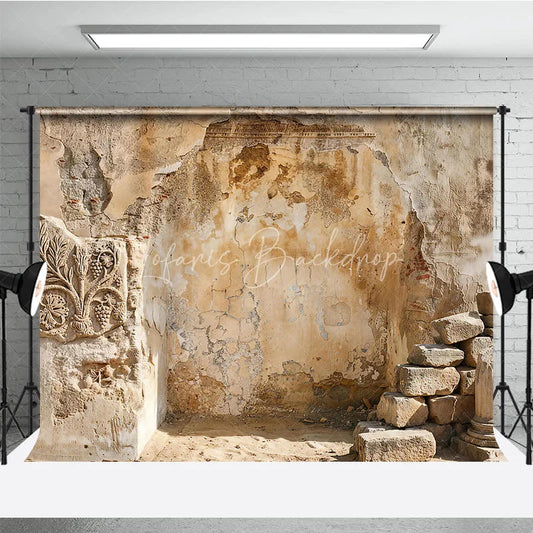 Lofaris Distressed Ancient Wall Photography Backdrop with Stone Carving and Earthy Tones Vintage Textured Ruins Decor