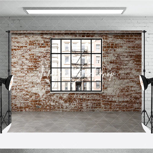 Lofaris Distressed Brick Wall with Black Window Photography Backdrop Urban City Loft Industrial Style for Photo Shoots