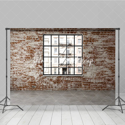 Lofaris Distressed Brick Wall with Black Window Photography Backdrop Urban City Loft Industrial Style for Photo Shoots