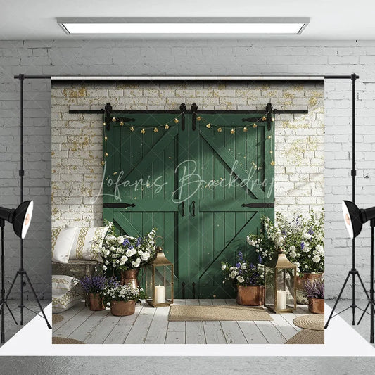 Lofaris Distressed Green Barn Door Photography Backdrop with White Brick Wall Rustic Farmhouse Decor and Clover Lights
