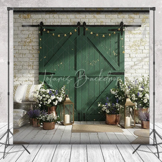 Lofaris Distressed Green Barn Door Photography Backdrop with White Brick Wall Rustic Farmhouse Decor and Clover Lights