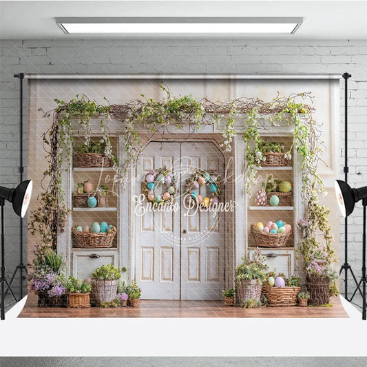 Lofaris Distressed White Cabinet Easter Photography Backdrop Pastel Egg Wreaths and Baskets Studio Background