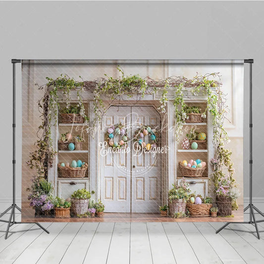 Lofaris Distressed White Cabinet Easter Photography Backdrop Pastel Egg Wreaths and Baskets Studio Background