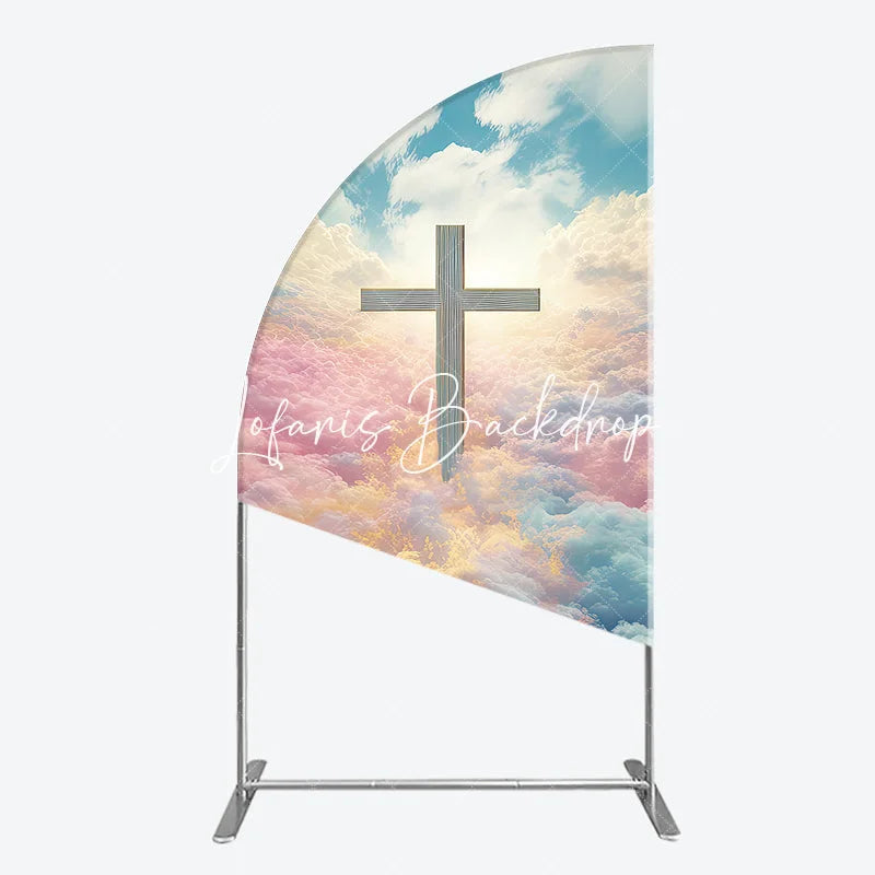 Lofaris Divine Cross with Pastel Pink Yellow Blue Clouds Half Moon Arch Backdrop Spiritual Celebration Decor