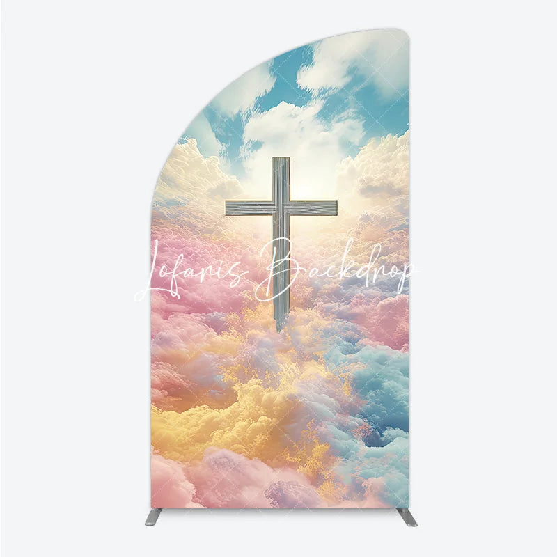 Lofaris Divine Cross with Pastel Pink Yellow Blue Clouds Half Moon Arch Backdrop Spiritual Celebration Decor