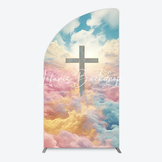 Lofaris Divine Cross with Pastel Pink Yellow Blue Clouds Half Moon Arch Backdrop Spiritual Celebration Decor