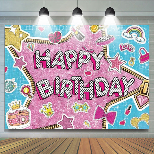 Lofaris Doll Surprise Themed Happy Birthday Backdrop Pink Glam Pop Star Party Decor Sticker Bomb Style Photo Booth Banner