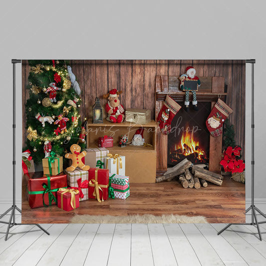 Lofaris Dolls Wood Fireplace Pine Tree Christmas Backdrop