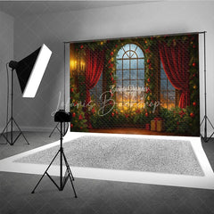 Lofaris Dramatic Christmas Window Photography Backdrop Fiery Sunset with Red Curtains Cozy Holiday Mini Session Background