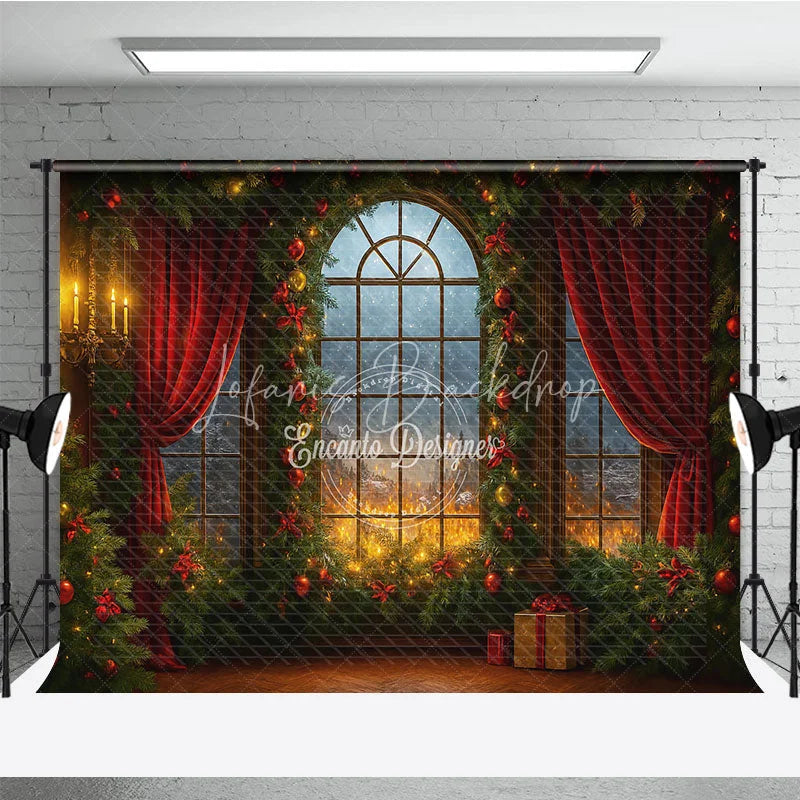 Lofaris Dramatic Christmas Window Photography Backdrop Fiery Sunset with Red Curtains Cozy Holiday Mini Session Background