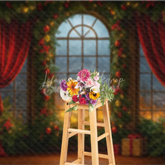 Lofaris Dramatic Christmas Window Photography Backdrop Fiery Sunset with Red Curtains Cozy Holiday Mini Session Background