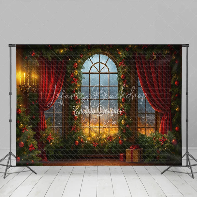 Lofaris Dramatic Christmas Window Photography Backdrop Fiery Sunset with Red Curtains Cozy Holiday Mini Session Background