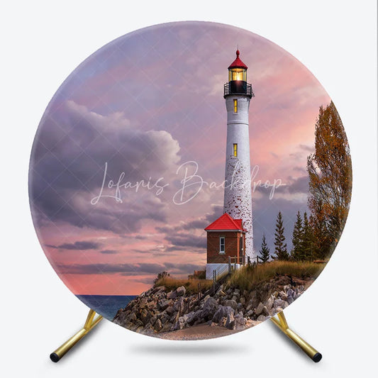 Lofaris Dramatic Pink Sunset Sky Lighthouse Round Backdrop Scenic Coastal Landscape Photography Background
