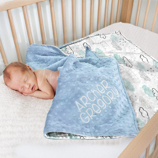 Lofaris Drawing Blue White Clouds Starry Minky Baby Blanket
