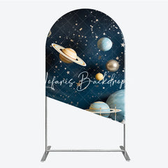 Lofaris Dreamy Blue Gold Silver Planets and Stars Space Round Top Arch Backdrop Celestial Galaxy Universe Theme Party Decor