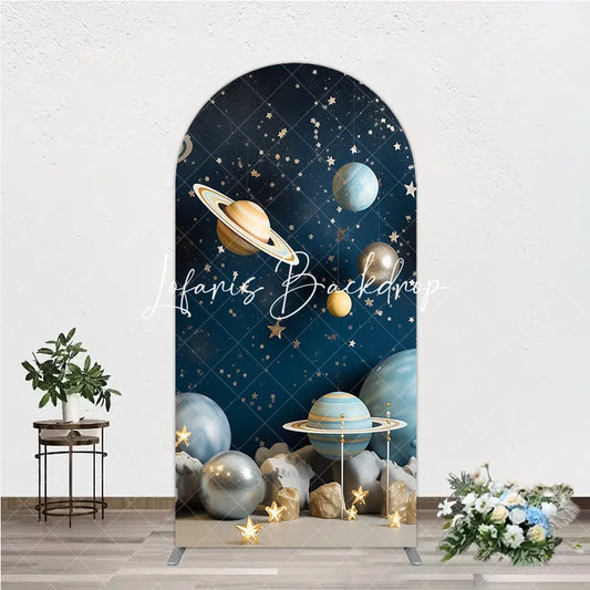 Lofaris Dreamy Blue Gold Silver Planets and Stars Space Round Top Arch Backdrop Celestial Galaxy Universe Theme Party Decor