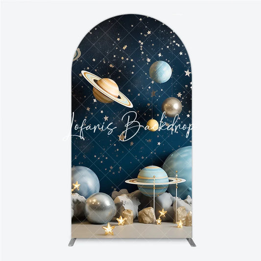 Lofaris Dreamy Blue Gold Silver Planets and Stars Space Round Top Arch Backdrop Celestial Galaxy Universe Theme Party Decor