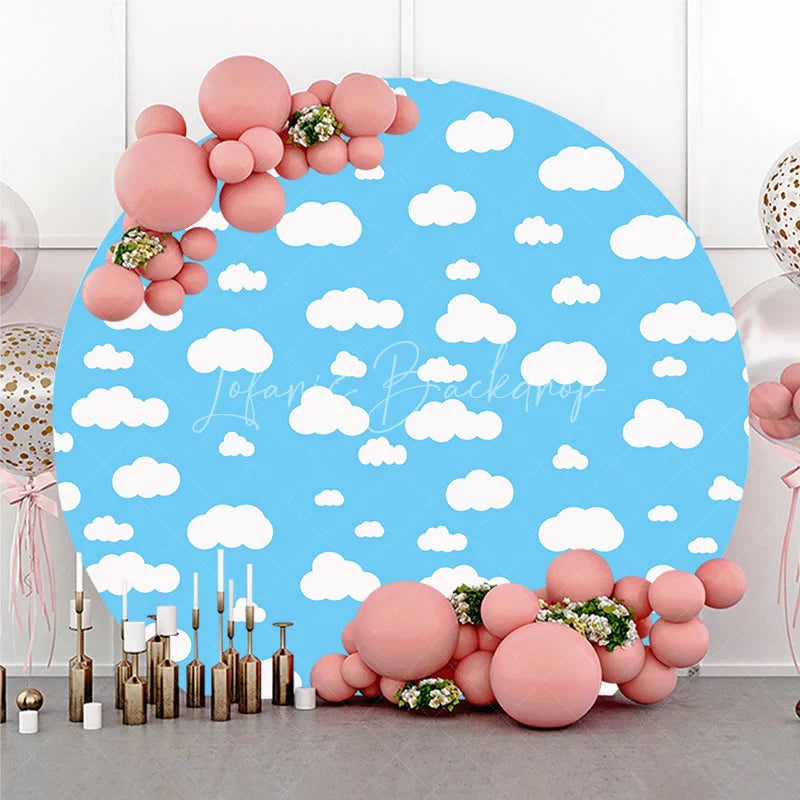 Lofaris Dreamy Blue Sky with White Cartoon Clouds Round Backdrop Sweet Baby Shower or Birthday Party Decor